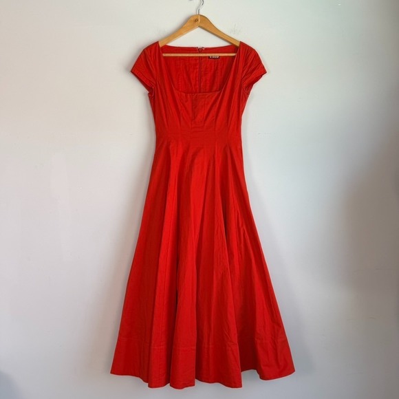 STAUD Dresses & Skirts - Staud Square Neck Fit and Flare Midi Dress Size 4 Red Cottagecore Quiet Luxury